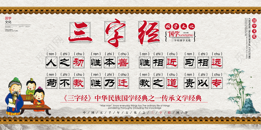中国水墨风三字经国学展板