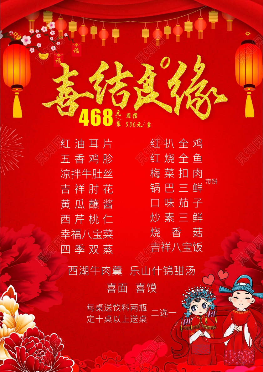 红色喜庆卡通喜结良缘婚礼婚宴菜单价目单婚礼婚宴菜单价目单