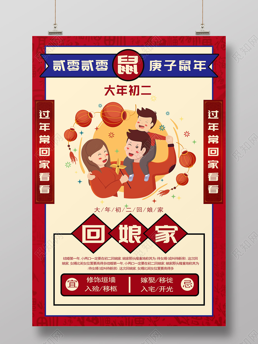 暖色卡通春节习俗新年习俗回娘家春节初二回娘家宣传海报