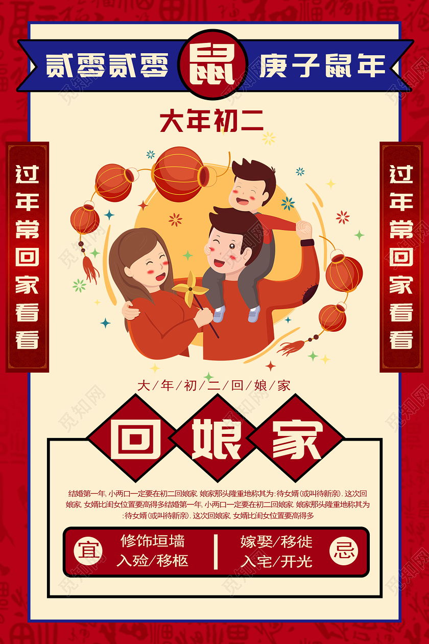 暖色卡通春节习俗新年习俗回娘家春节初二回娘家宣传海报