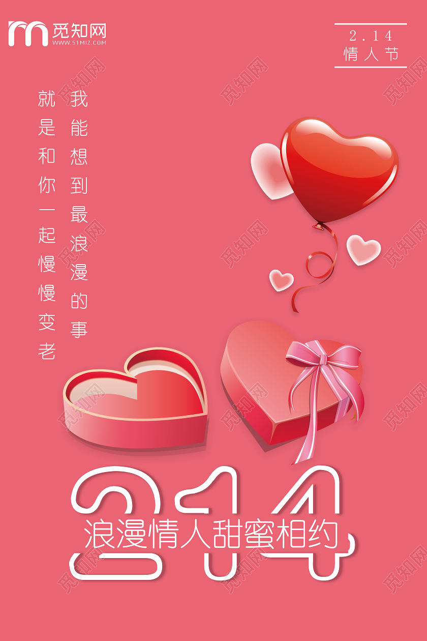 粉色情人节爱心礼盒214情人节浪漫情人甜蜜相约宣传海报