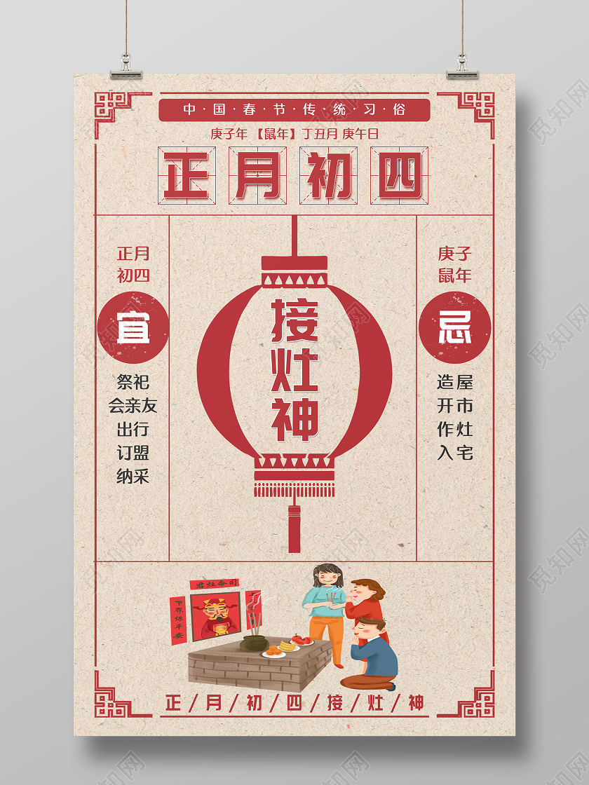 2020鼠年复古红色正月初四接灶神海报春节习俗大年初一至初七系列图