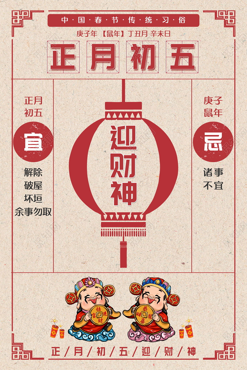 2020鼠年复古红色正月初五迎财神海报春节习俗大年初一至初七系列图