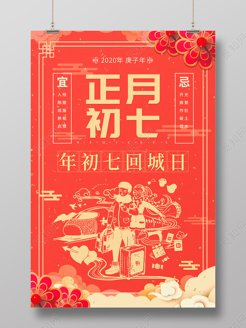 2020鼠年复古红色正月初七回城日海报大年初七回城日