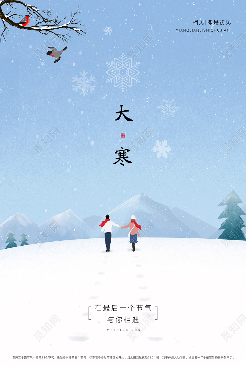 蓝色插画风大寒节气宣传海报