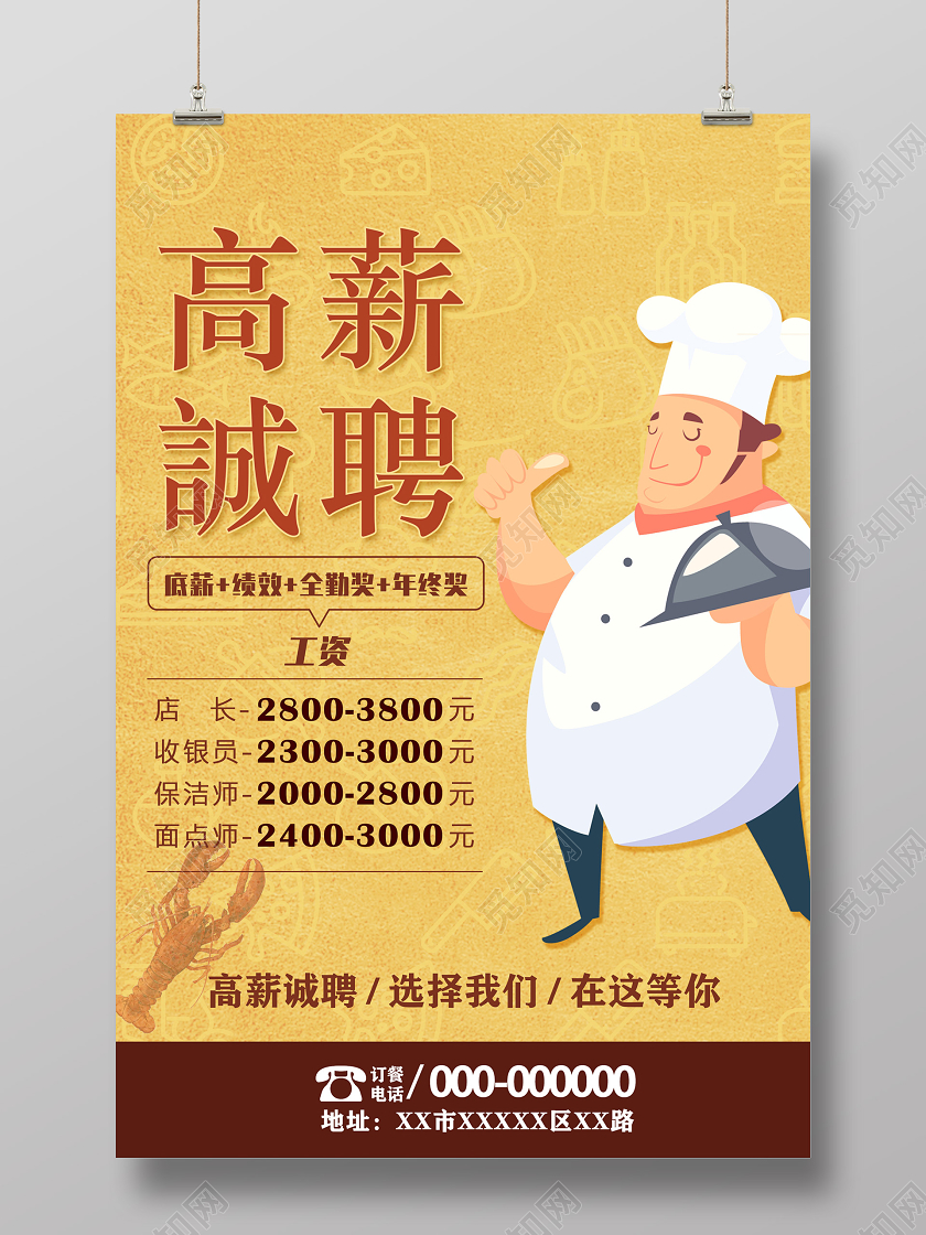 黄色高薪诚聘餐厅招聘海报