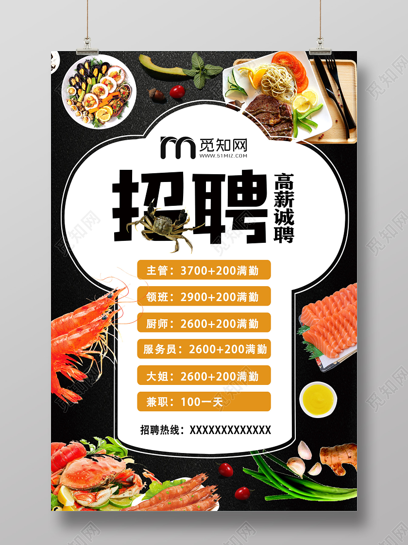 黑色高薪诚聘招募招人餐厅招聘海报