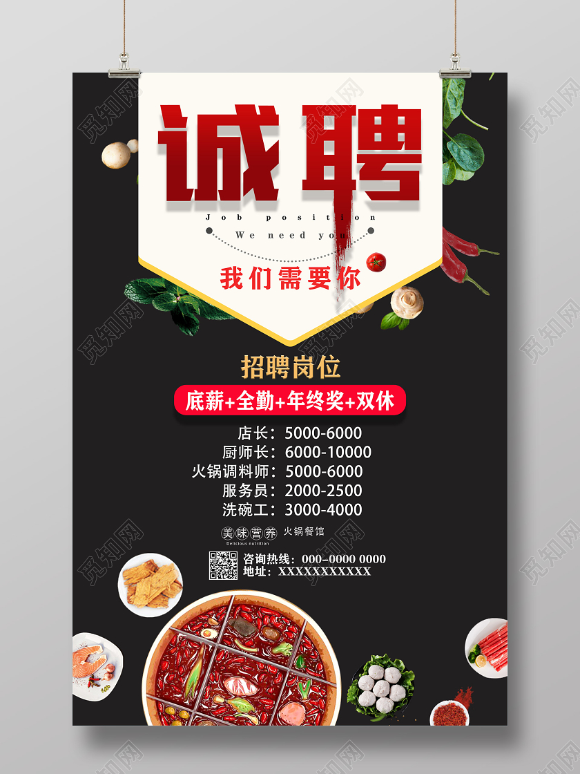 黑色火锅餐厅诚聘岗位招聘岗位招聘服务员海报