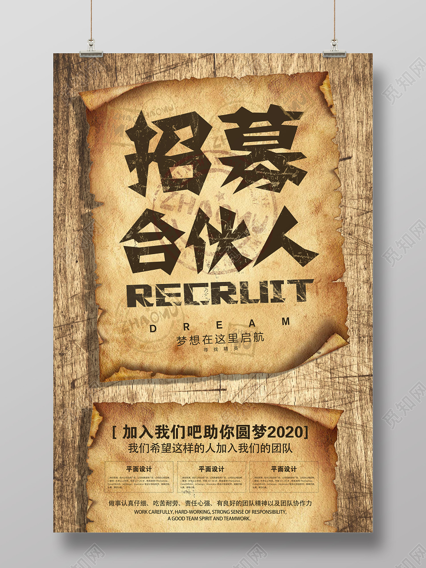 复古招聘合伙人海报