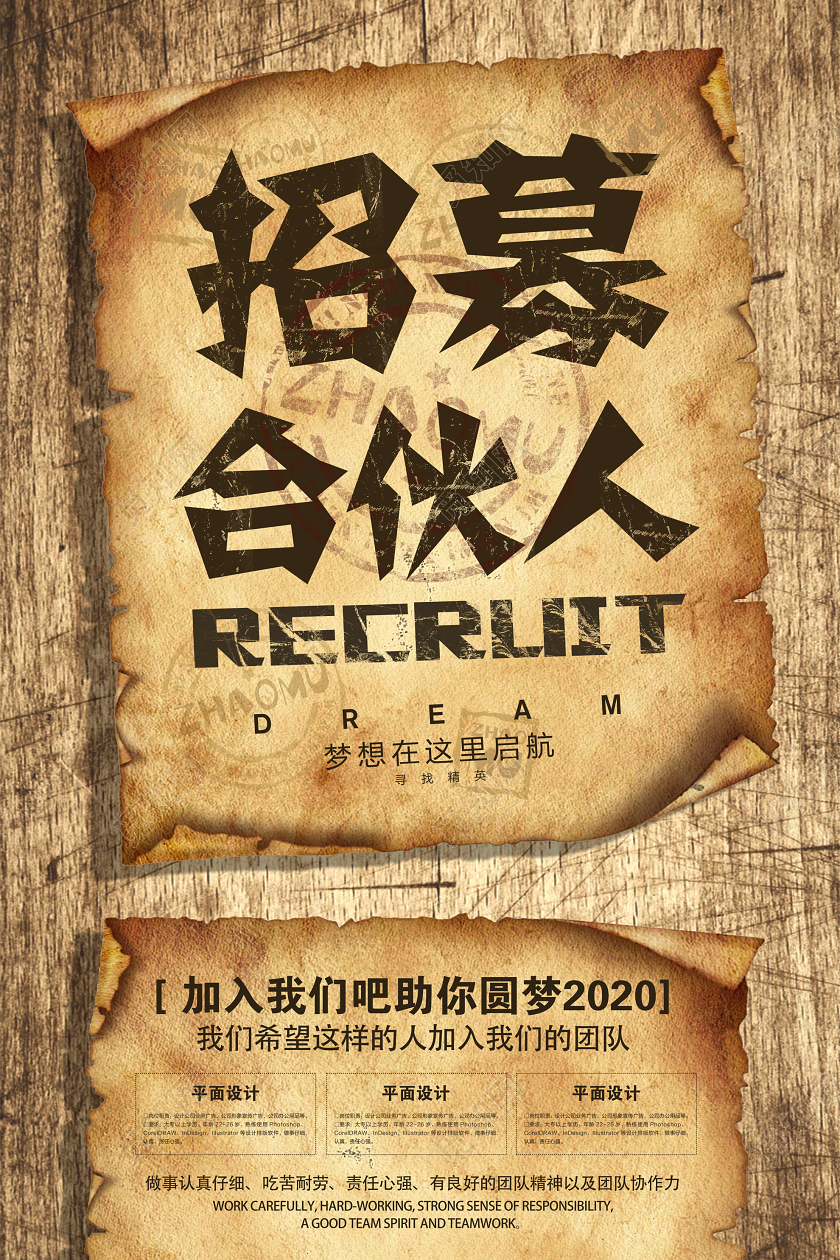 复古招聘合伙人海报