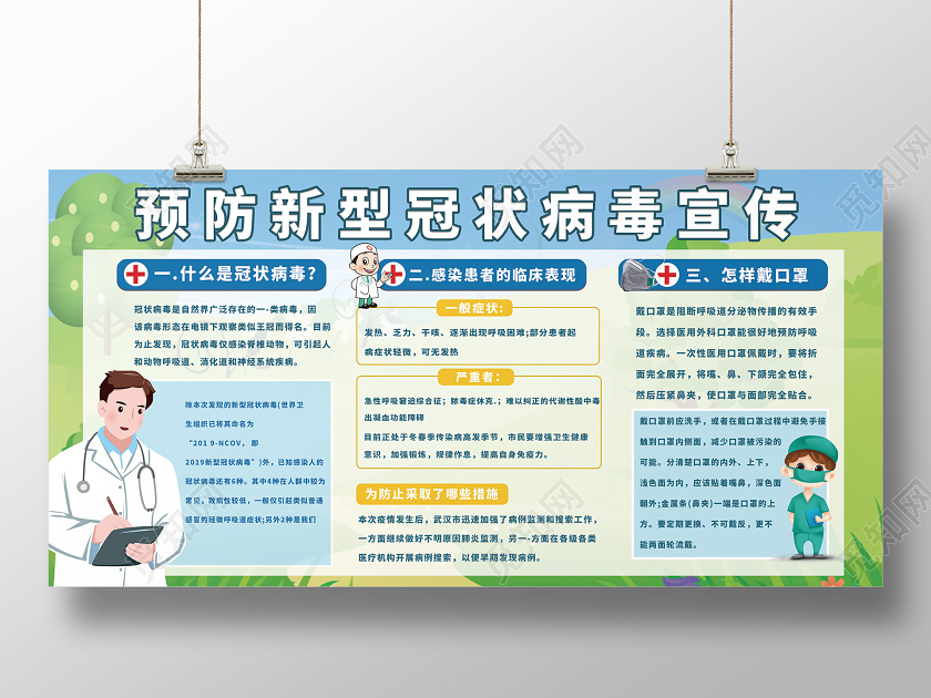 简约大气绿色系新型冠状病毒武汉肺炎预防新型冠状病毒宣传展板
