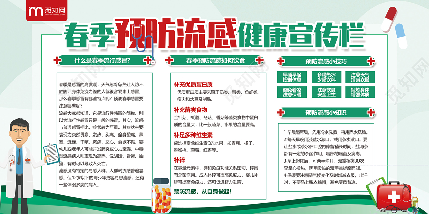 春季传染病绿色简约春季预防流感宣传栏春季预防流感展板