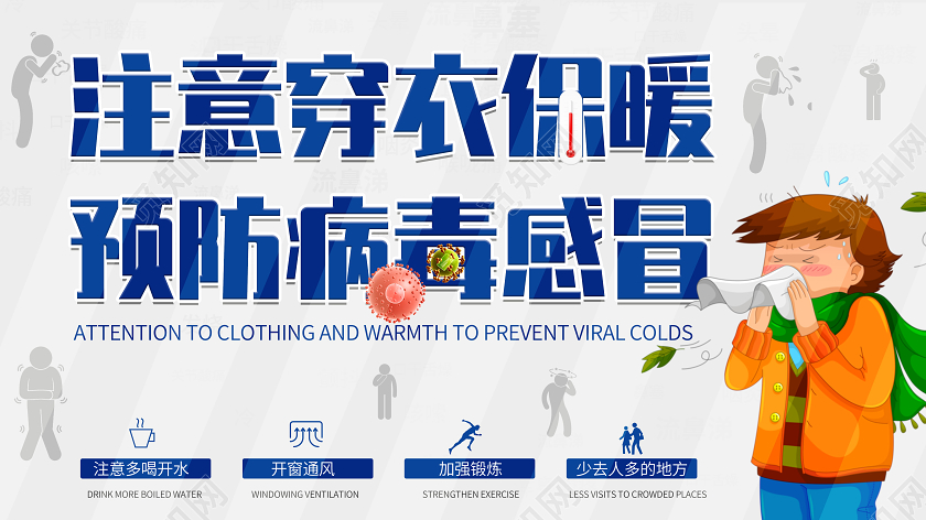 蓝色简约注意穿衣预防病毒感冒肺炎疫情公益展板