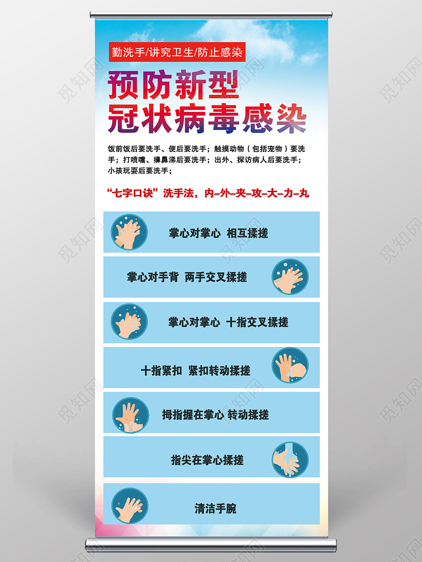 疫情蓝色2020抗击预防新型冠状感染洗手肺炎展架