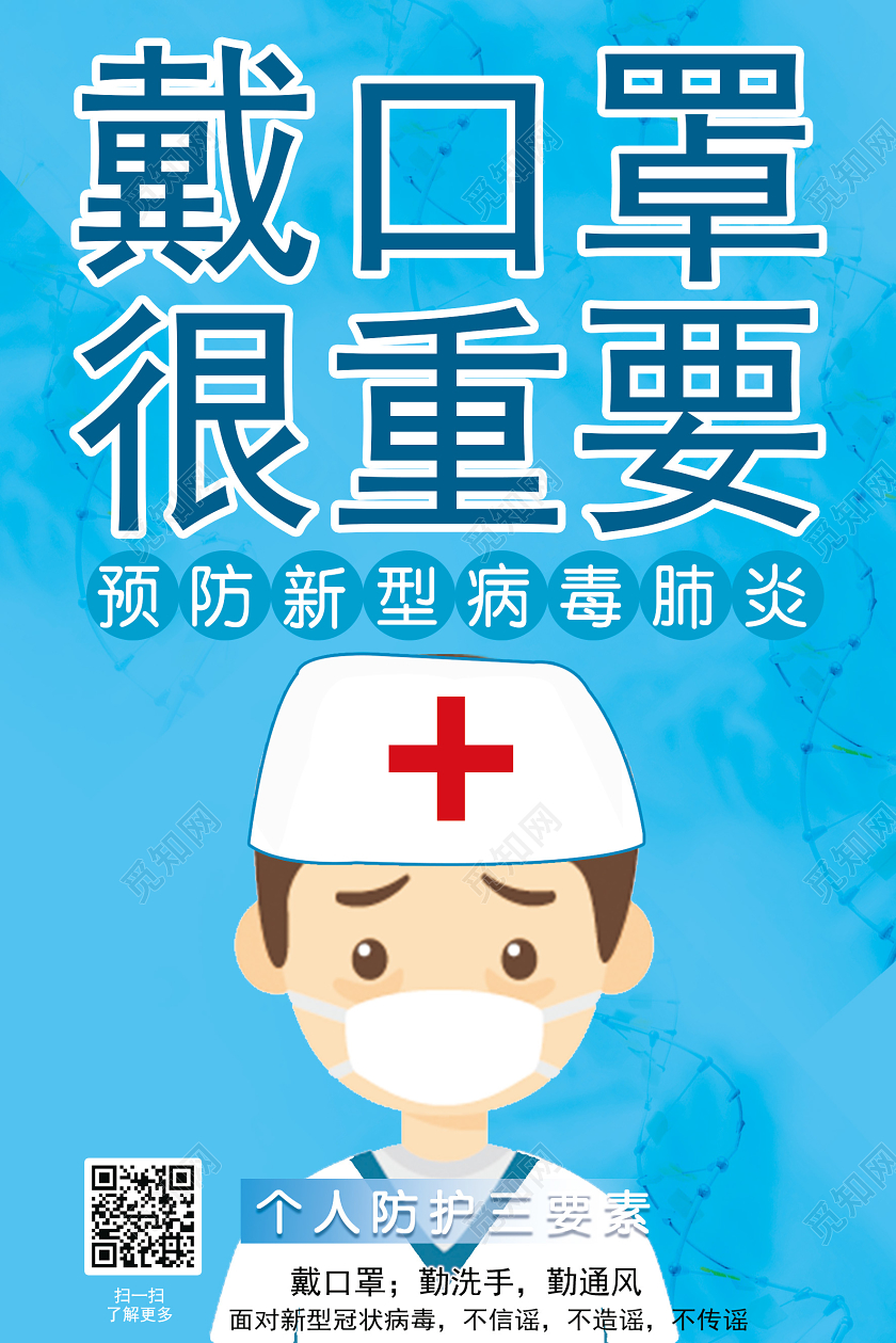 带口罩蓝色医疗戴口罩很重要预防肺炎新型宣传海报