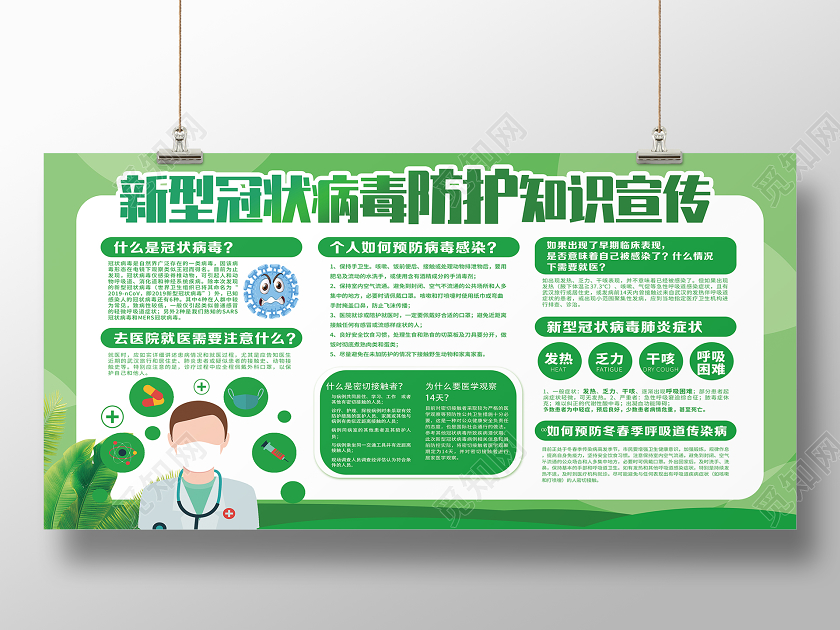 绿色卡通新型冠状病毒肺炎病毒抗击疫情宣传栏展板