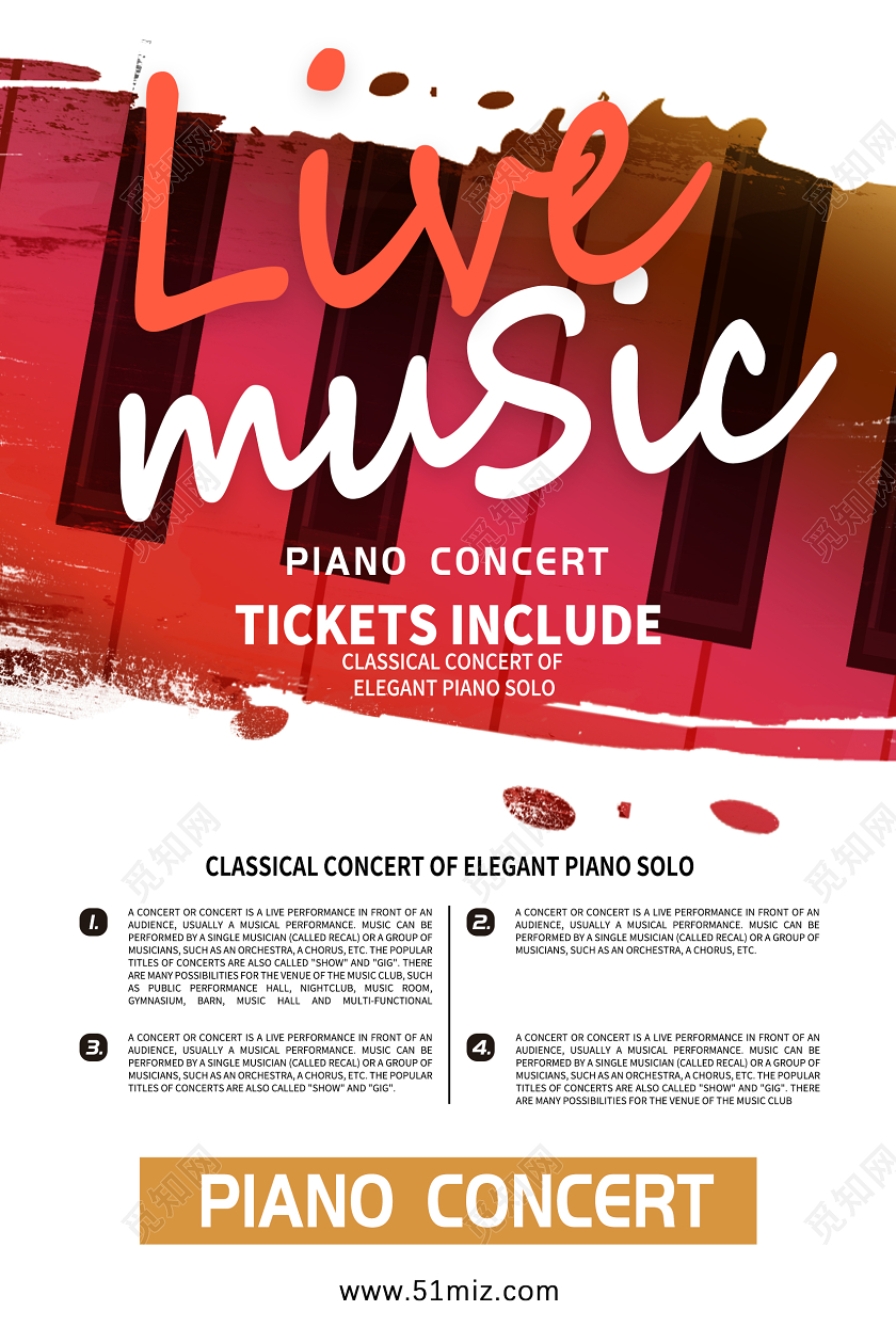 简约红色水彩钢琴音乐会英文海报