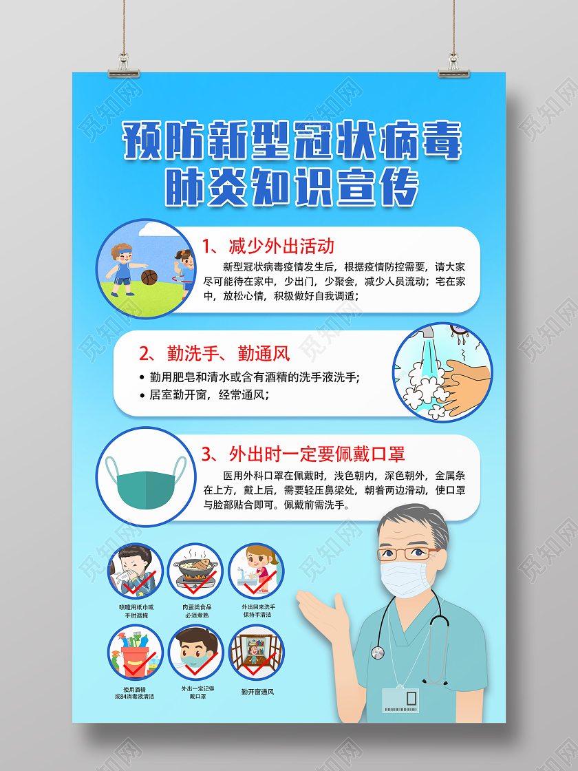 复工蓝色卡通预防新型冠状肺炎知识宣传新型冠状肺炎疫情海报