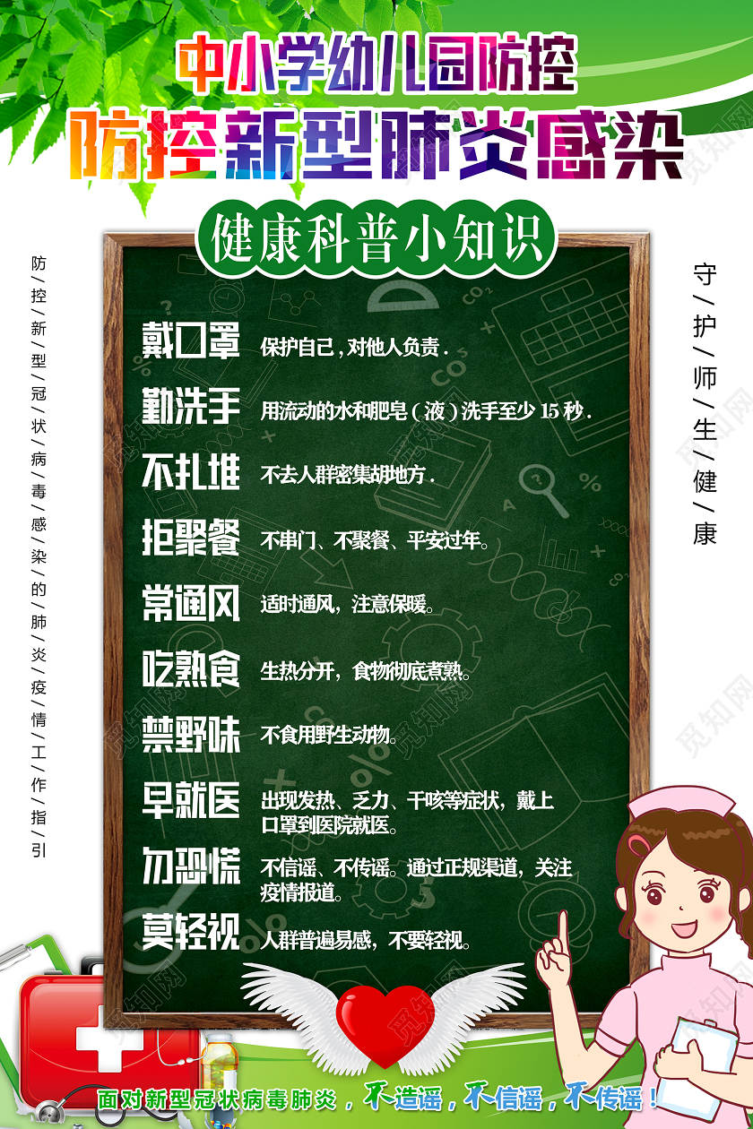 中小学幼儿园防控新型肺炎感染健康科普小知识清新宣传海报