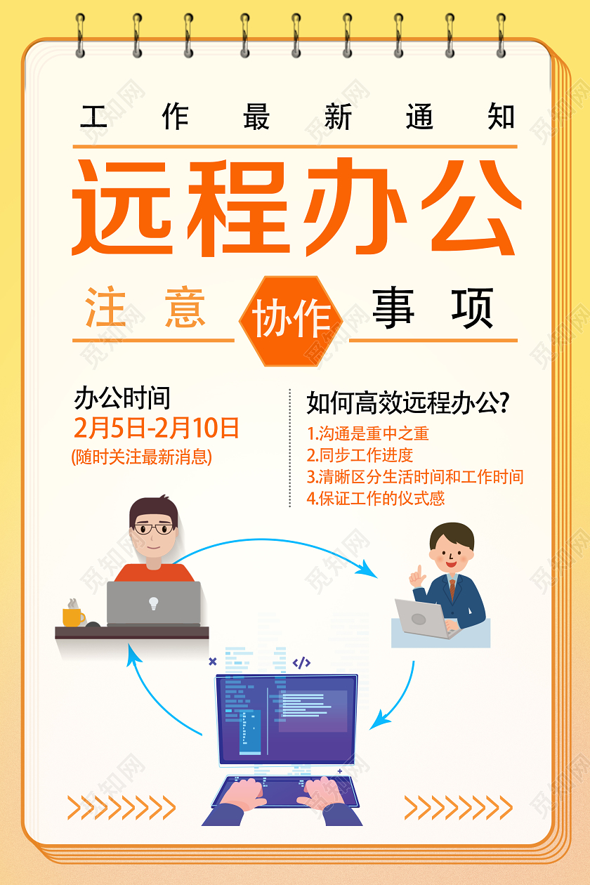 线上办公黄色卡通远程办公在家办公远程办公通知海报