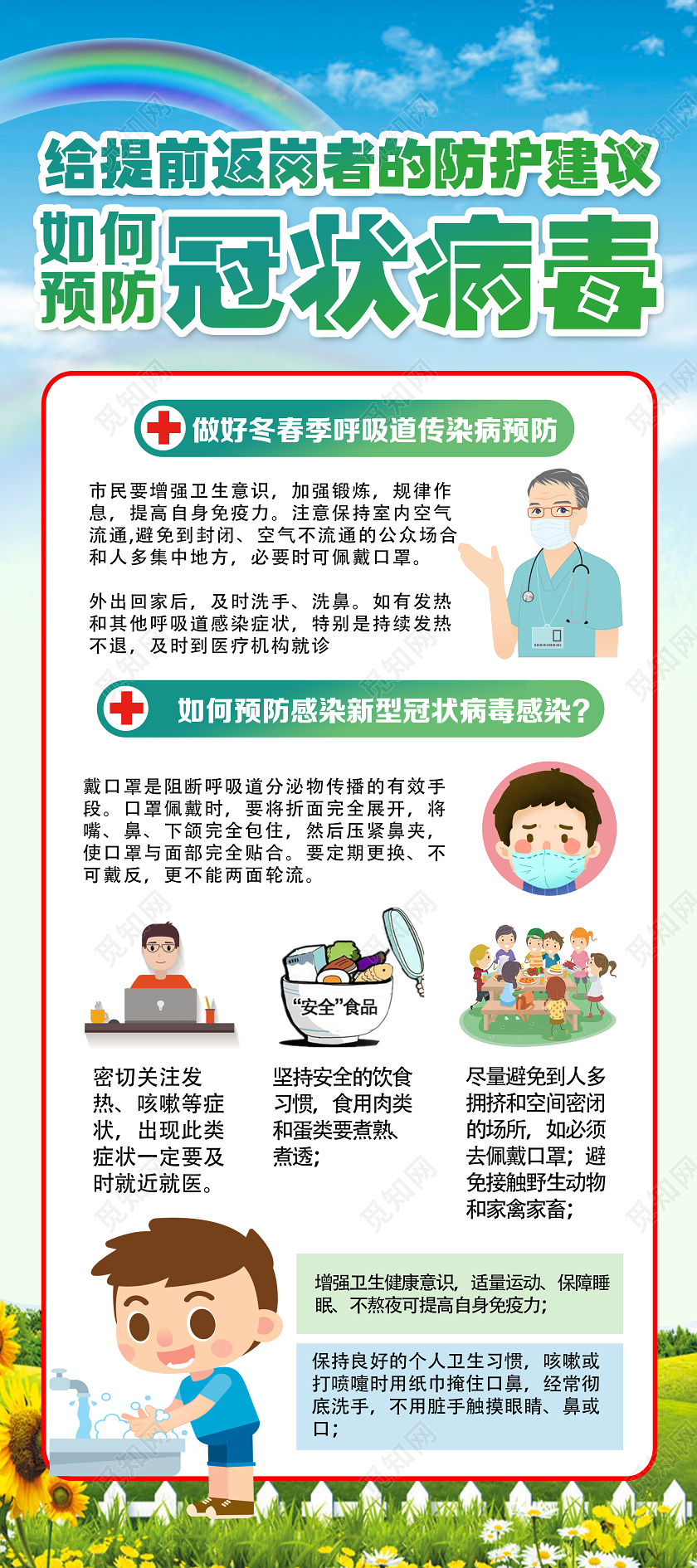 复工蓝色卡通防范冠状返岗返工新型冠状疫情防护展架易拉宝