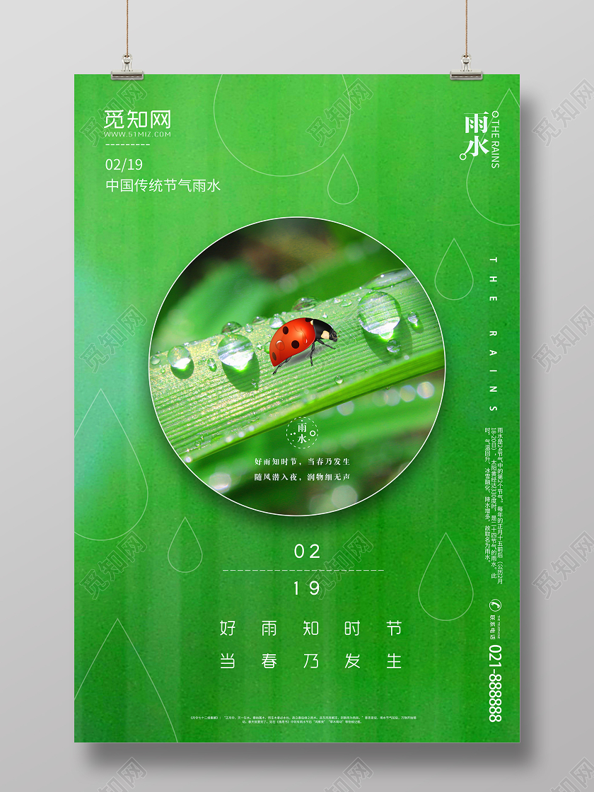 绿色简约雨水中国传统二十四节气24节气宣传海报雨水二十四节气24节气
