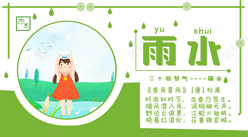绿色卡通二十四24节气雨水展板二十四节气雨水