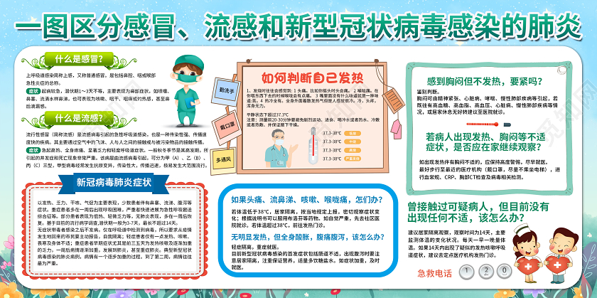 创意卡通风格一图区分感冒流感新型冠状感染的肺炎宣传栏展板