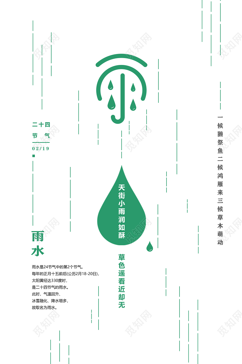 0219创意线描感简洁小清新二十四节气雨水海报