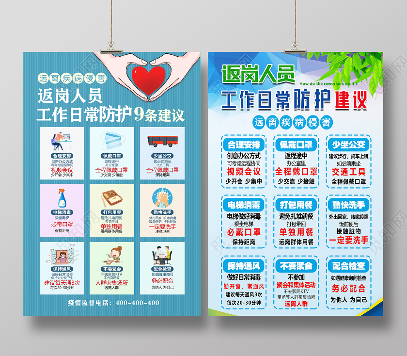 抗疫情复工疫情新型冠状病毒肺炎返岗人员工作日常防护简约清新双面海报
