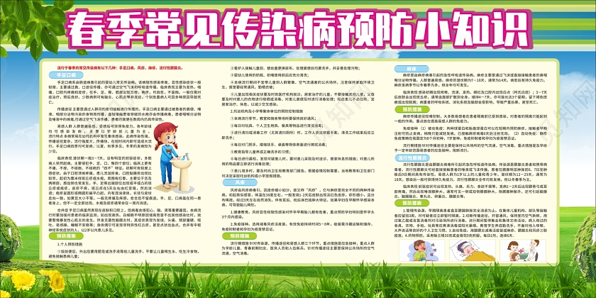 绿色几何卡通春季健康教育春季传染病预防小知识展板