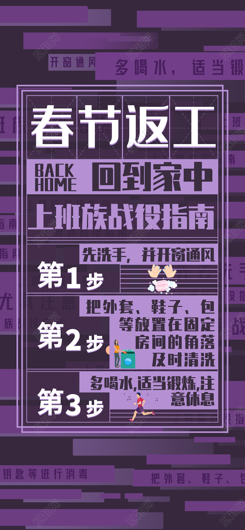 紫色创意春节返工回到家中上班战役指南手机海报创意返工复工