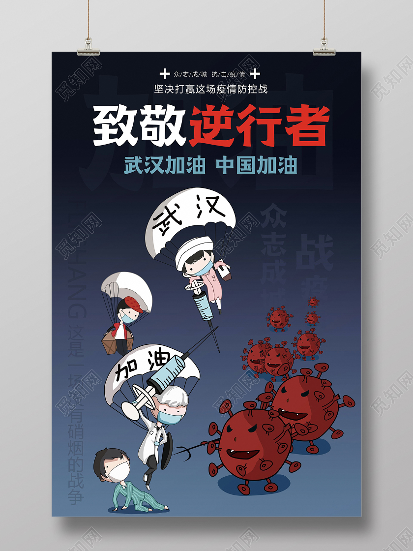 致敬逆行者武汉加油中国加油卡通抗击疫情蓝色简约海报