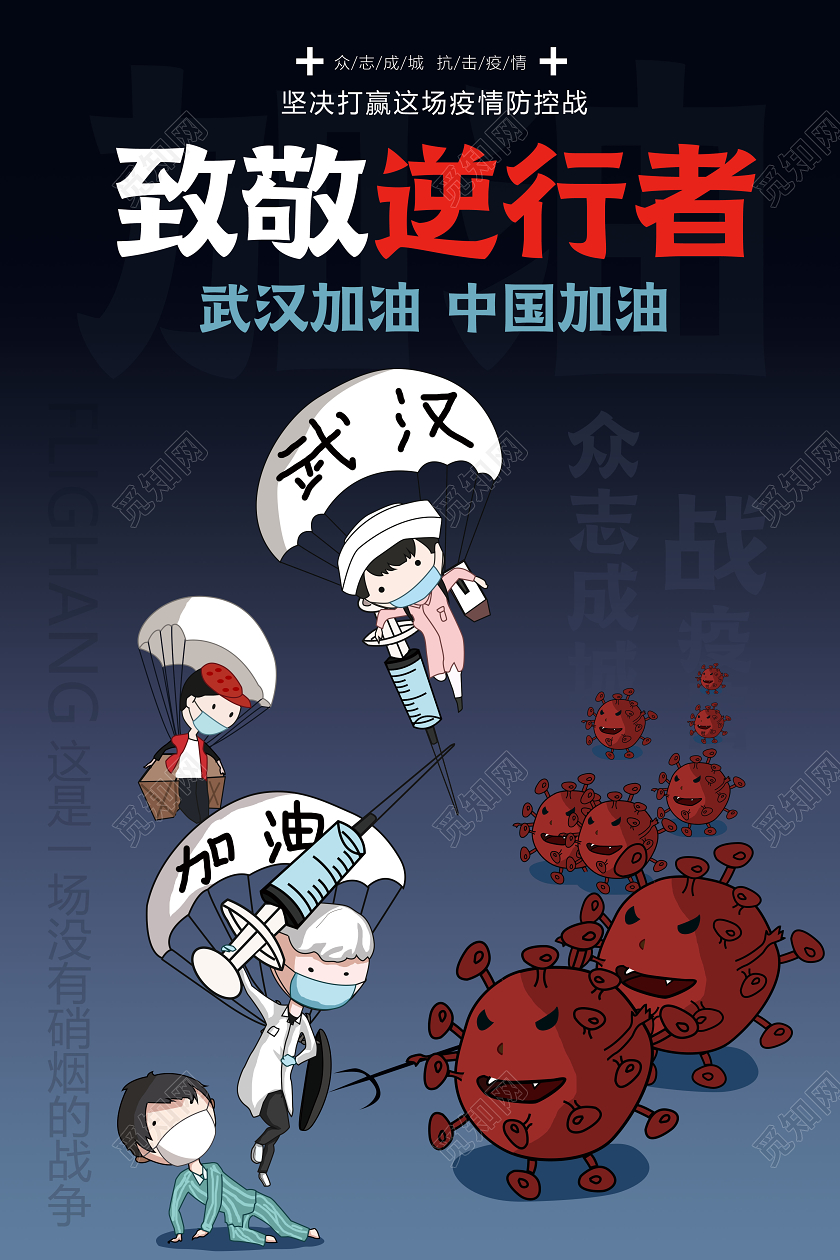 致敬逆行者武汉加油中国加油卡通抗击疫情蓝色简约海报