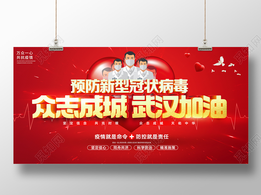 红色大气预防新型冠状病毒众志成城武汉加油宣传展板