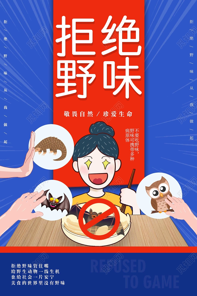 简约大气疫情病毒拒绝野味拒绝野生动物拒绝野味海报
