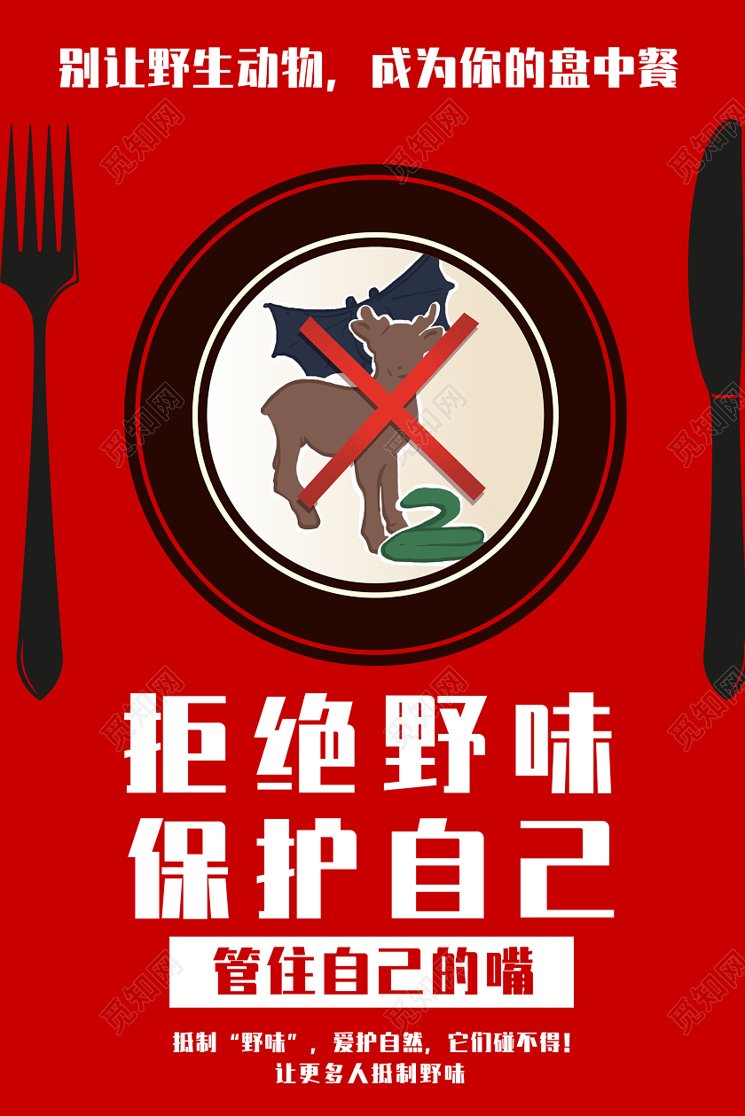 简约大气疫情病毒拒绝野味拒绝野生动物拒绝野味保护自己海报