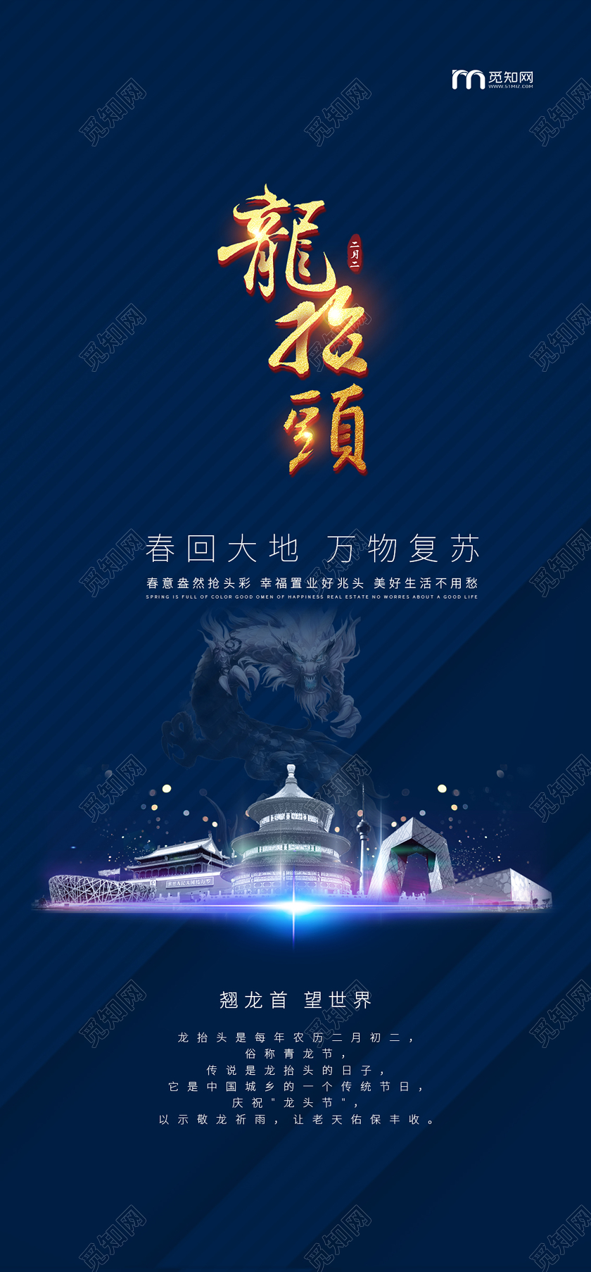 蓝色科技风二月二龙抬头房地产手机海报