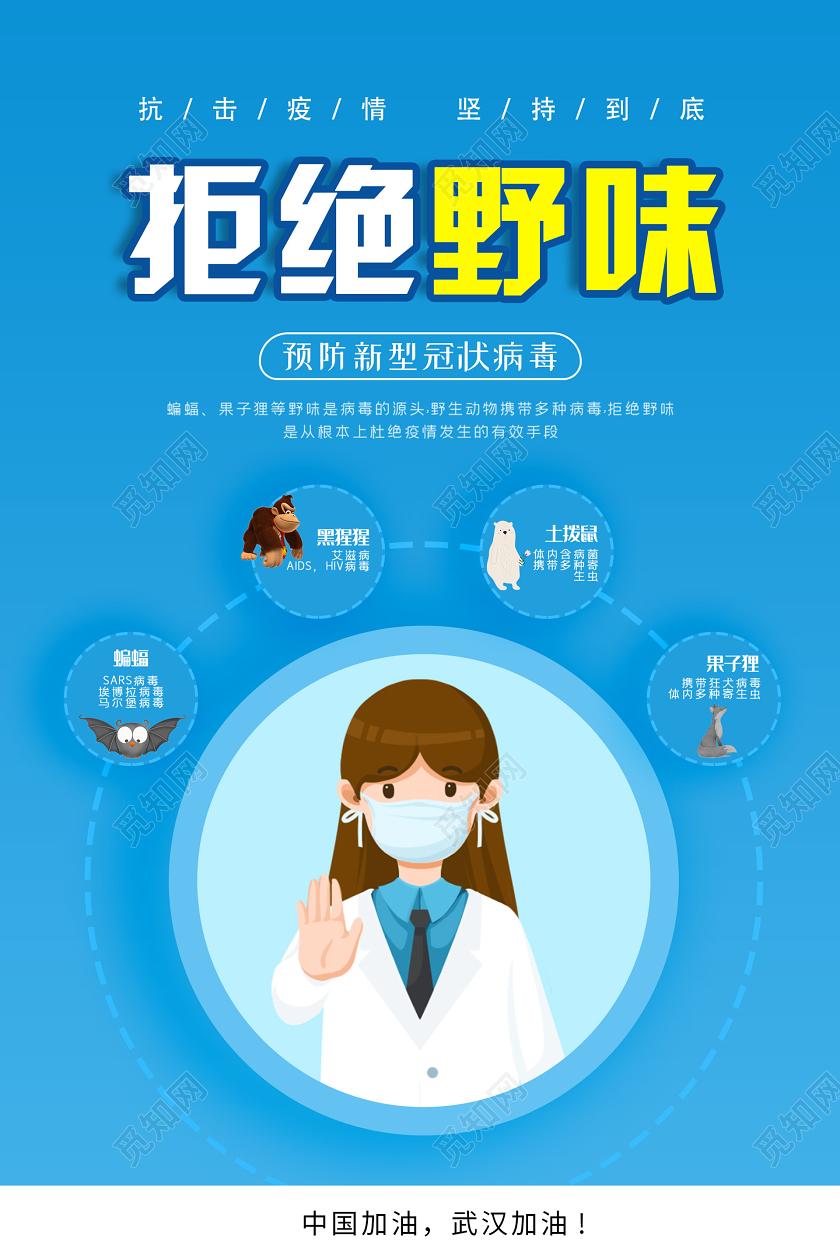 蓝色简约插画拒绝野味保护野生动物海报拒绝食用野味保护野生动物