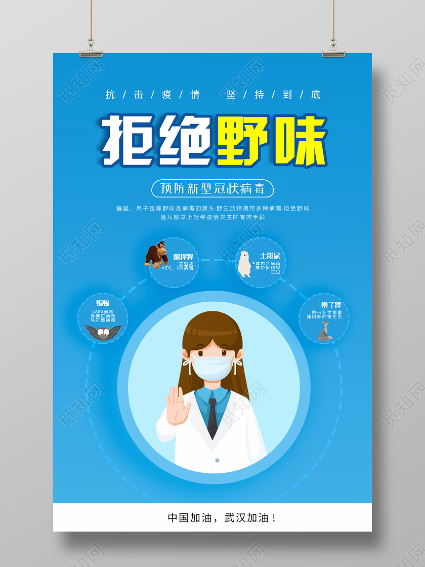 蓝色简约插画拒绝野味保护野生动物海报拒绝食用野味保护野生动物