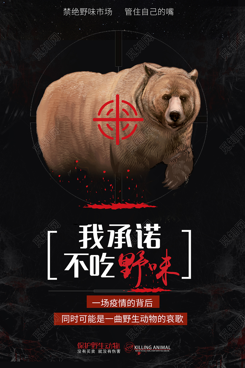 拒绝野味黑色创意我承诺不吃野味保护野生动物宣传海报