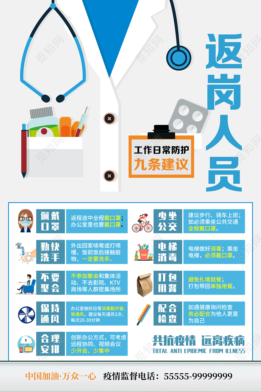 创意返岗人员复工工作日常防护九条建议共抗疫情新冠病毒公益海报