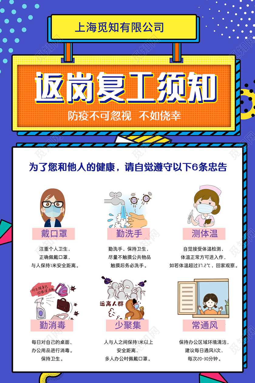 孟菲斯风蓝色系返岗复工须知防控疫情返岗复工海报