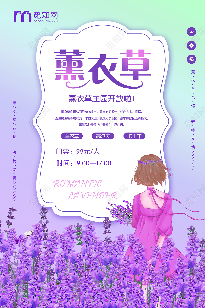 紫色浪漫卡通薰衣草庄园开放海报