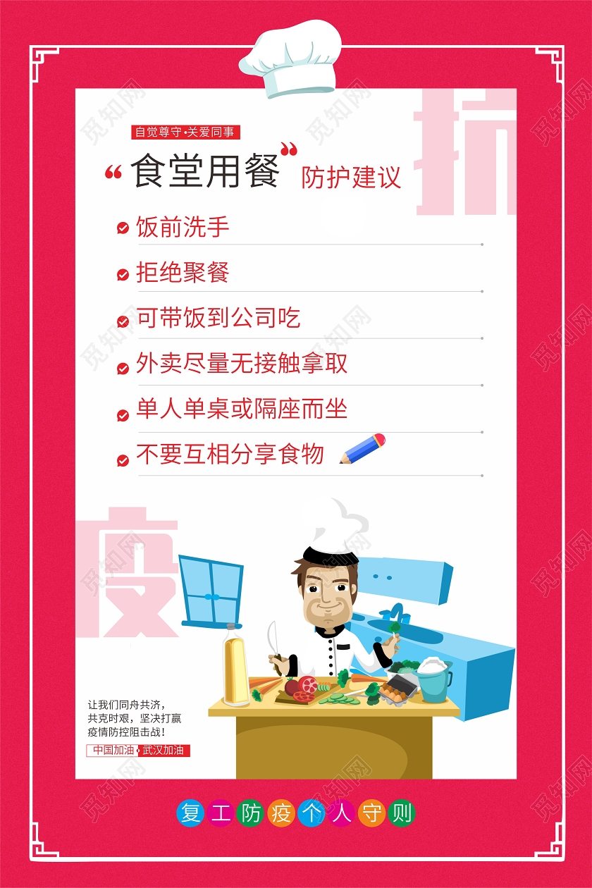 餐饮复工红色几何卡通食堂用餐防护建议防控疫情返岗复工海报