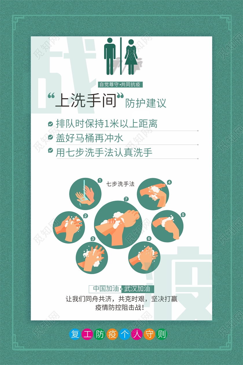 绿色几何卡通上洗手间防护建议防控疫情返岗复工海报