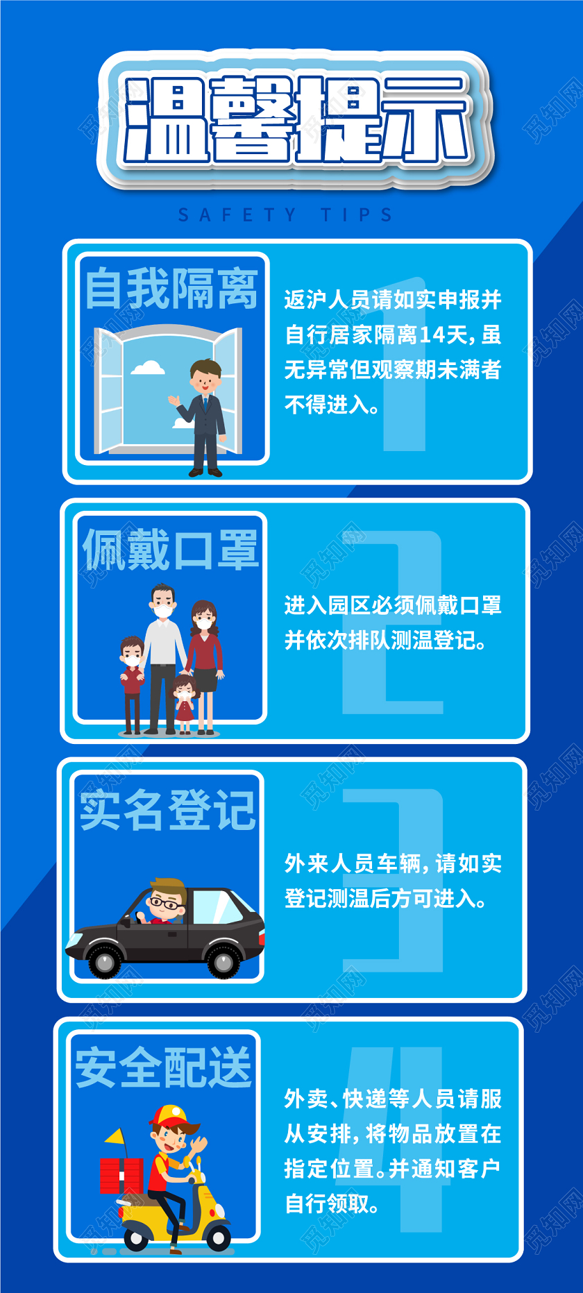 蓝色卡通几何社区园区疫情防范温馨提示易拉宝展架