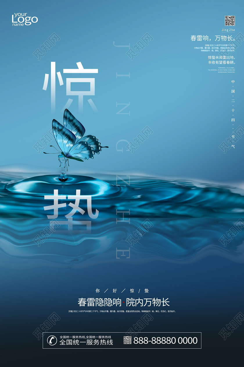惊蛰春天中国传统节气蓝色蝴蝶宣传海报