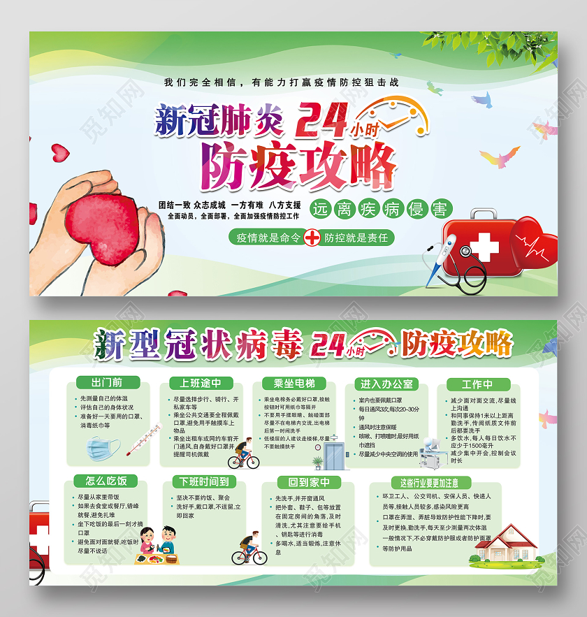 医院返岗复工抗击新冠肺炎24小时防疫攻略宣传展板