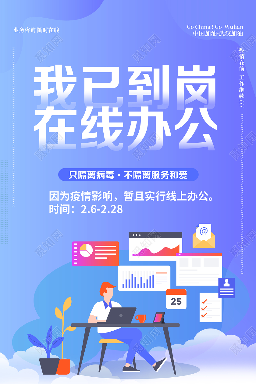返岗复工我已到岗在线办公疫情防控卡通宣传海报